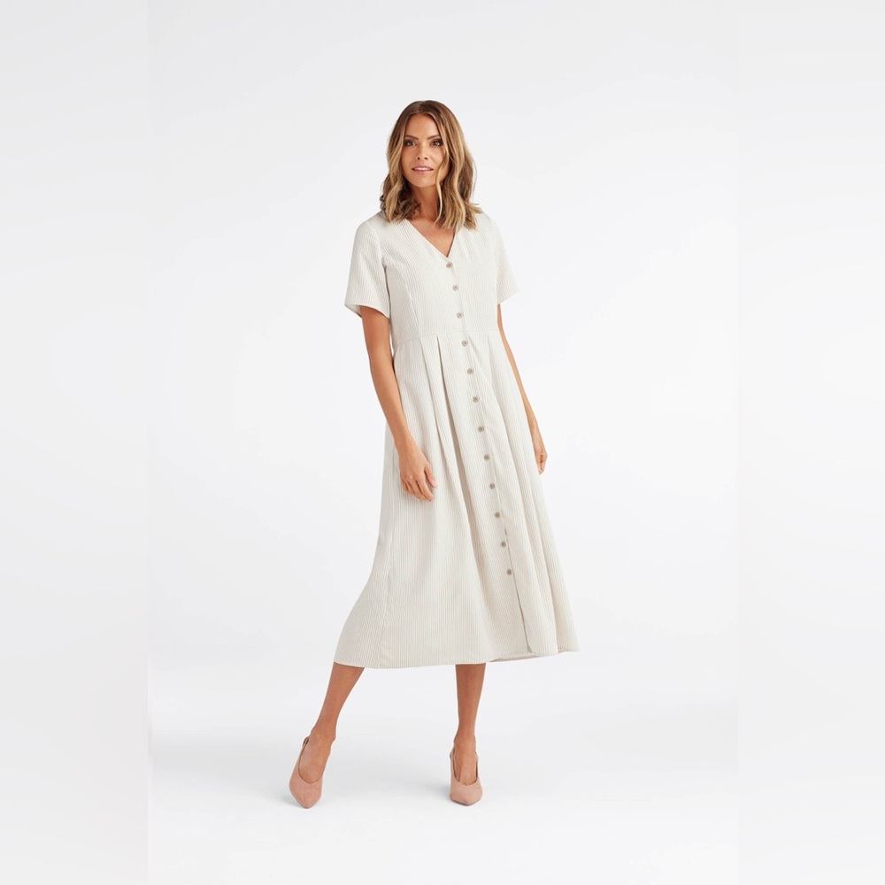 Vetta Reversible Button Up Midi Dress White & Tan Striped with Tie Belt - Size L